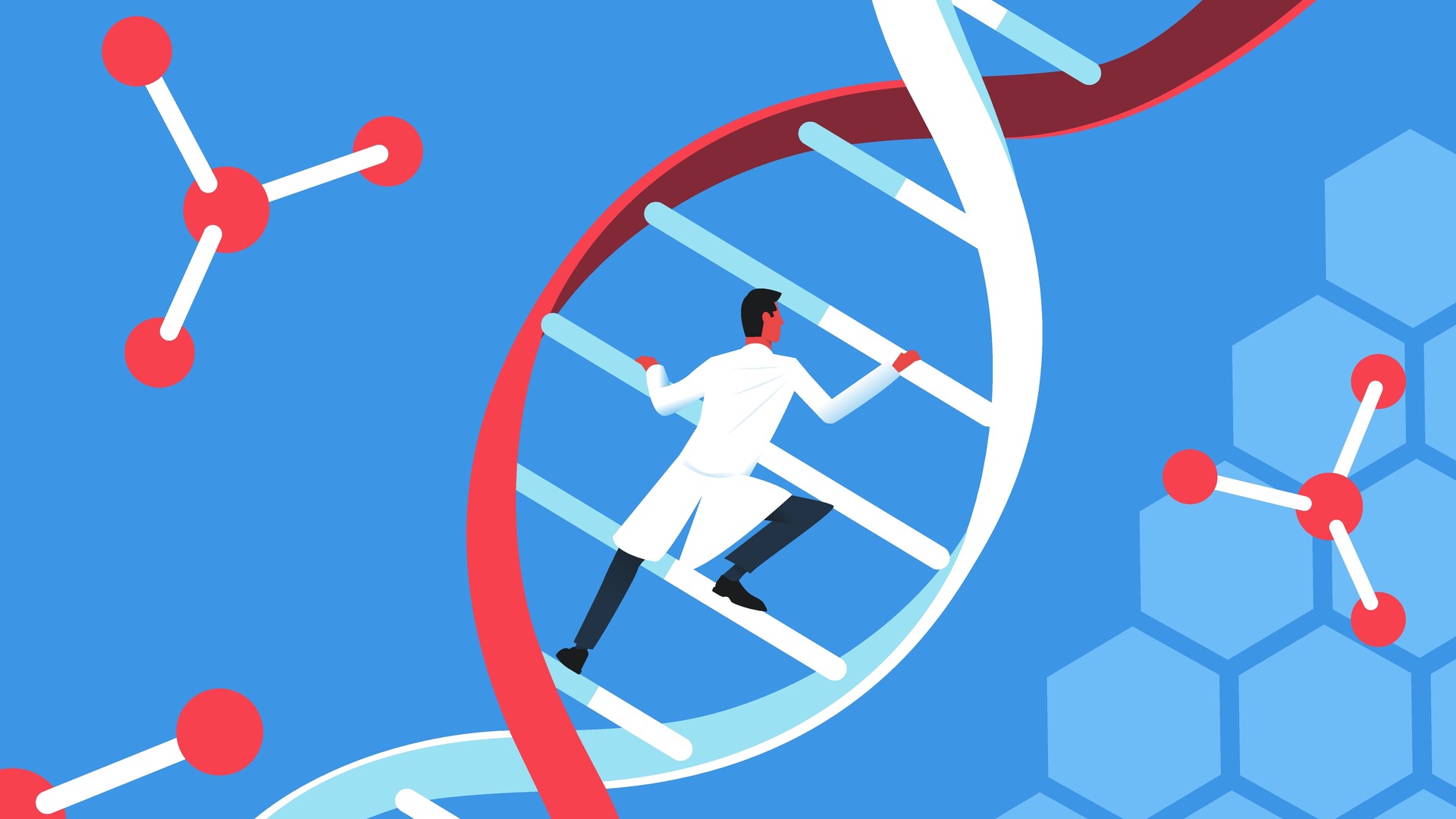 Illustration of a doctor climbing a double helix