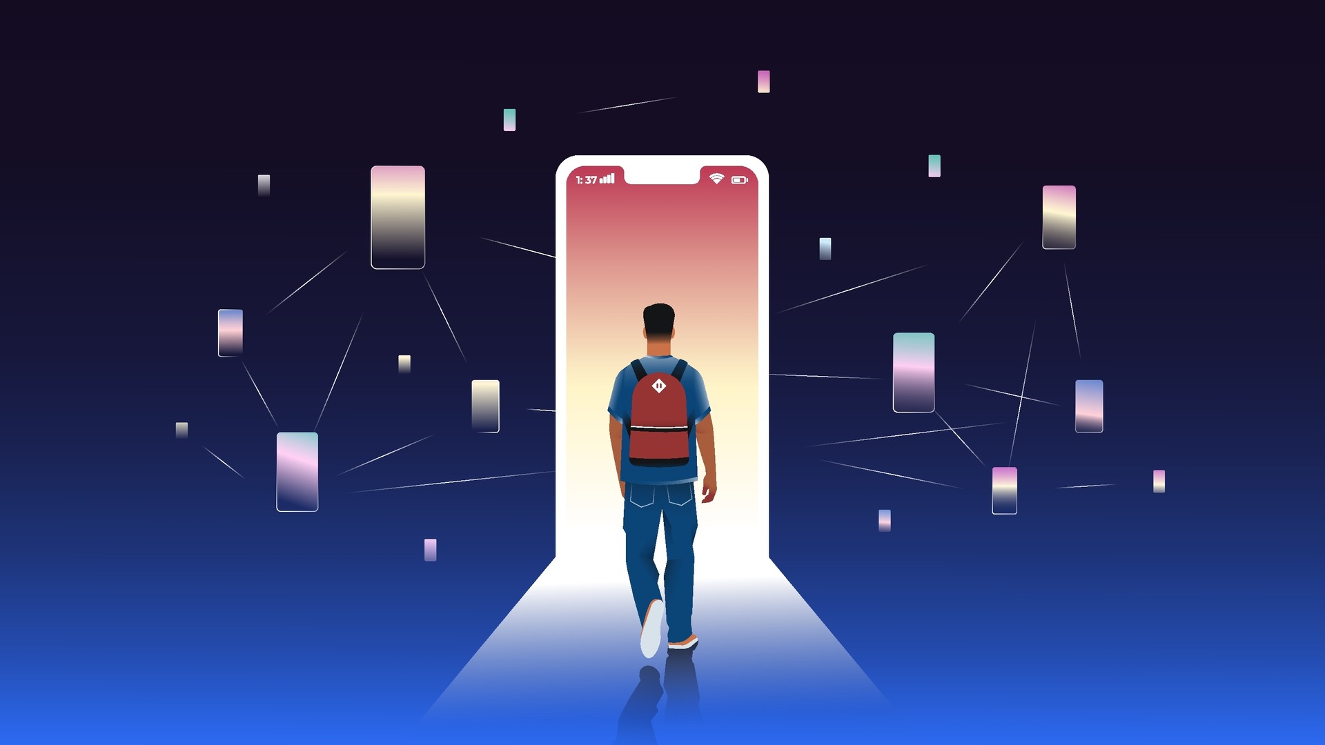 Illustration of a student walking into a smartphone