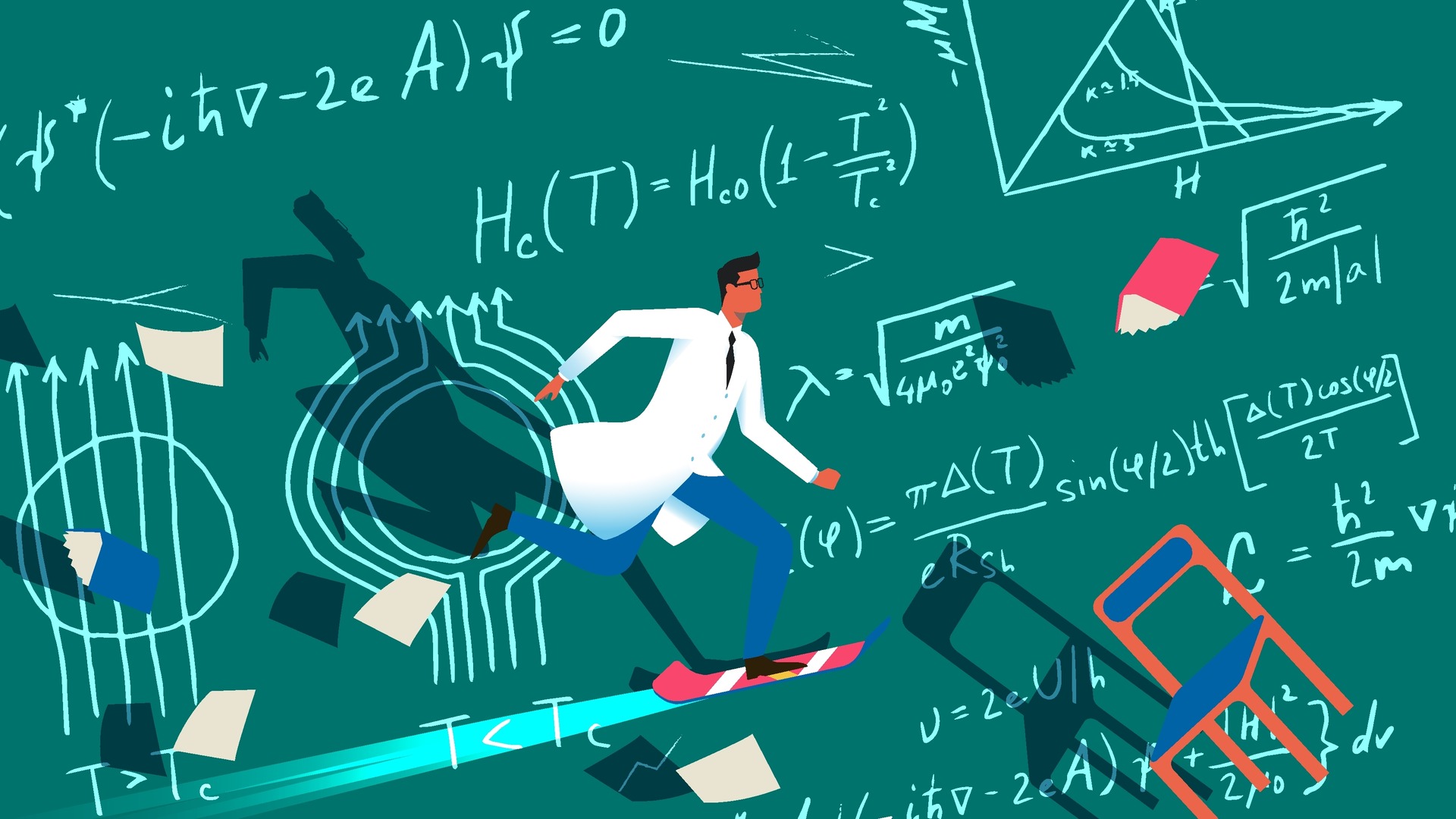 Illustration of a scientist in front of formulas on a chalkboard